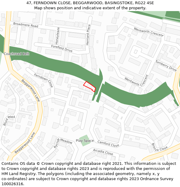 47, FERNDOWN CLOSE, BEGGARWOOD, BASINGSTOKE, RG22 4SE: Location map and indicative extent of plot