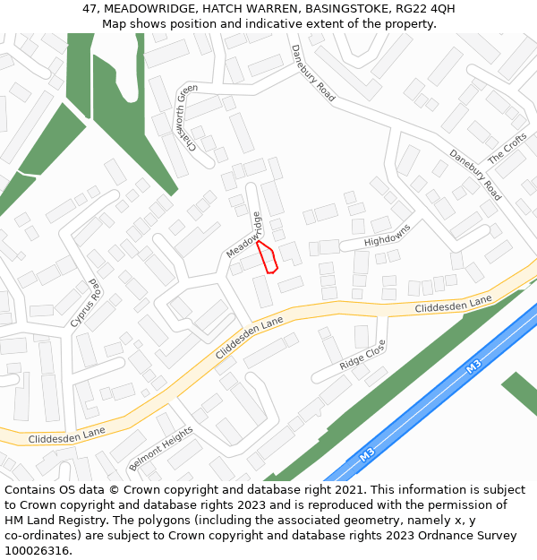 47, MEADOWRIDGE, HATCH WARREN, BASINGSTOKE, RG22 4QH: Location map and indicative extent of plot