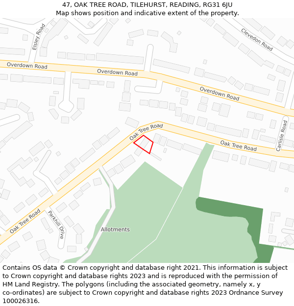 47, OAK TREE ROAD, TILEHURST, READING, RG31 6JU: Location map and indicative extent of plot