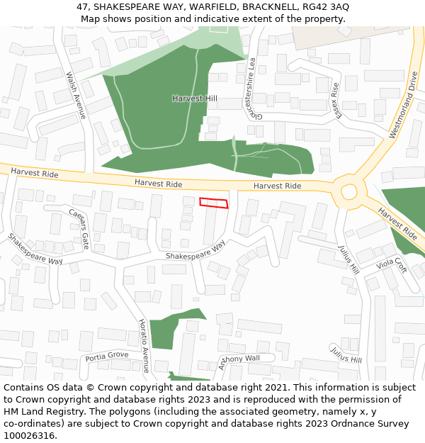 47, SHAKESPEARE WAY, WARFIELD, BRACKNELL, RG42 3AQ: Location map and indicative extent of plot