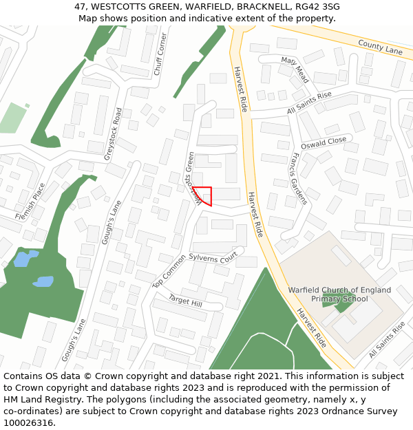 47, WESTCOTTS GREEN, WARFIELD, BRACKNELL, RG42 3SG: Location map and indicative extent of plot