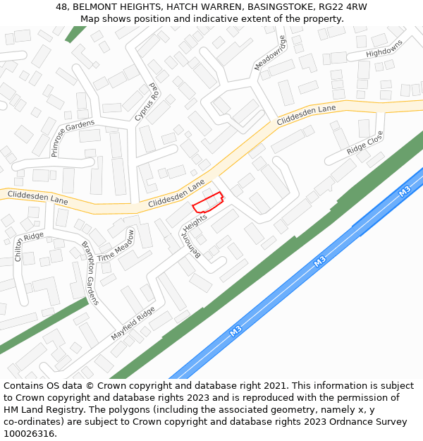 48, BELMONT HEIGHTS, HATCH WARREN, BASINGSTOKE, RG22 4RW: Location map and indicative extent of plot