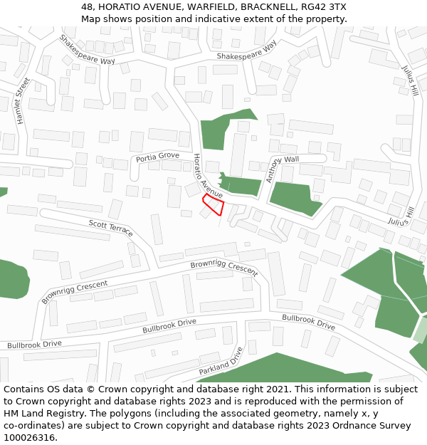 48, HORATIO AVENUE, WARFIELD, BRACKNELL, RG42 3TX: Location map and indicative extent of plot