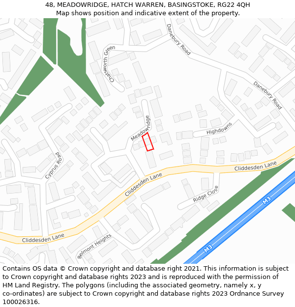 48, MEADOWRIDGE, HATCH WARREN, BASINGSTOKE, RG22 4QH: Location map and indicative extent of plot