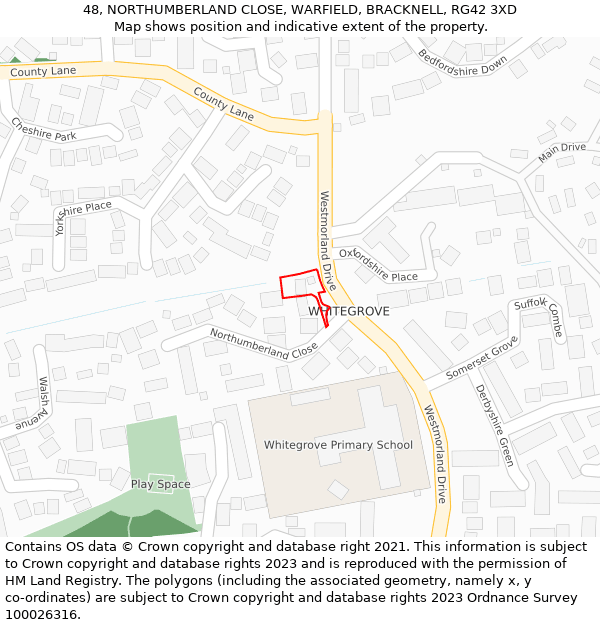 48, NORTHUMBERLAND CLOSE, WARFIELD, BRACKNELL, RG42 3XD: Location map and indicative extent of plot