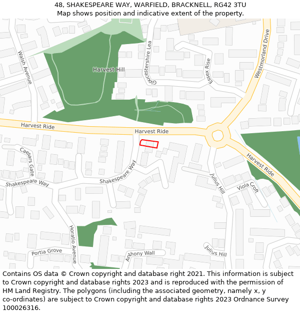 48, SHAKESPEARE WAY, WARFIELD, BRACKNELL, RG42 3TU: Location map and indicative extent of plot