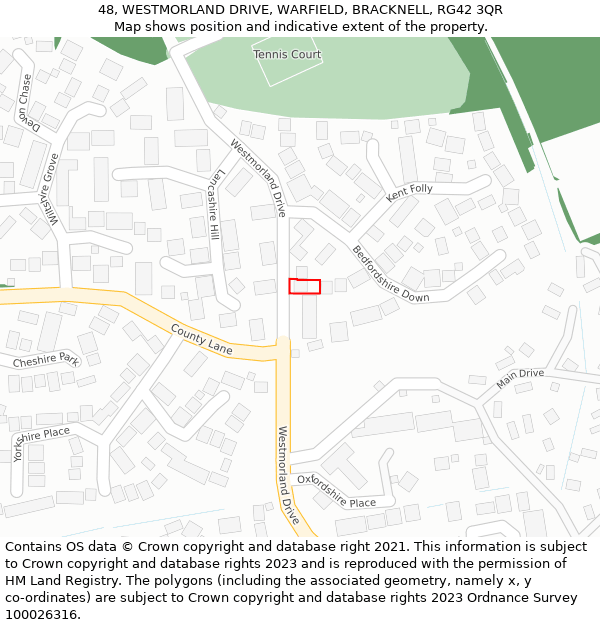 48, WESTMORLAND DRIVE, WARFIELD, BRACKNELL, RG42 3QR: Location map and indicative extent of plot