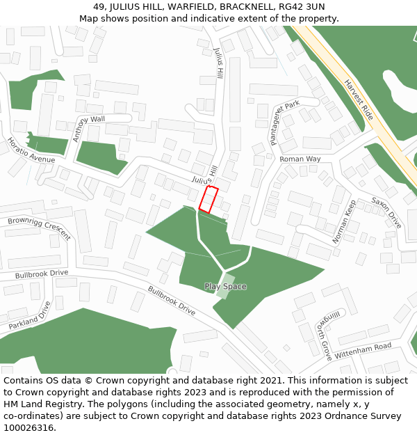 49, JULIUS HILL, WARFIELD, BRACKNELL, RG42 3UN: Location map and indicative extent of plot