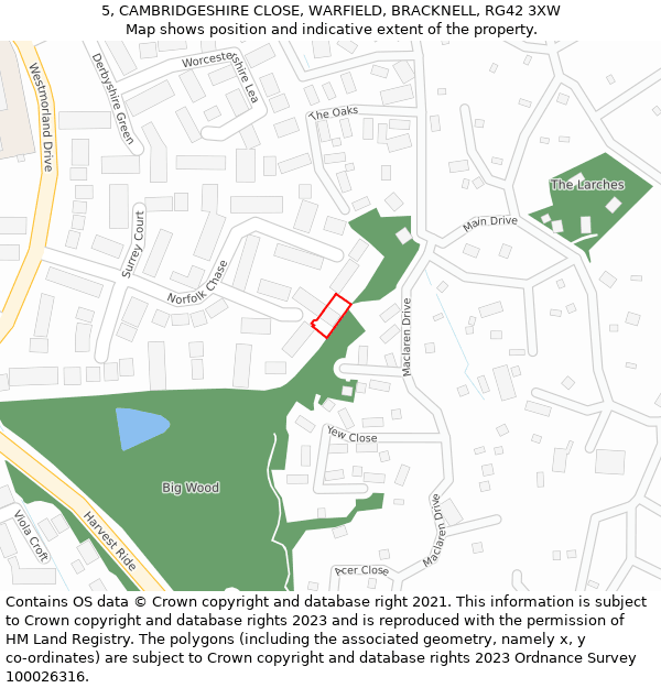 5, CAMBRIDGESHIRE CLOSE, WARFIELD, BRACKNELL, RG42 3XW: Location map and indicative extent of plot