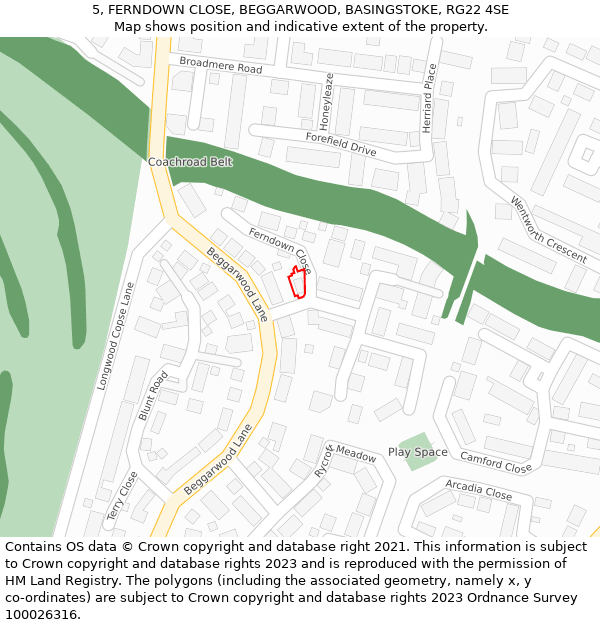 5, FERNDOWN CLOSE, BEGGARWOOD, BASINGSTOKE, RG22 4SE: Location map and indicative extent of plot