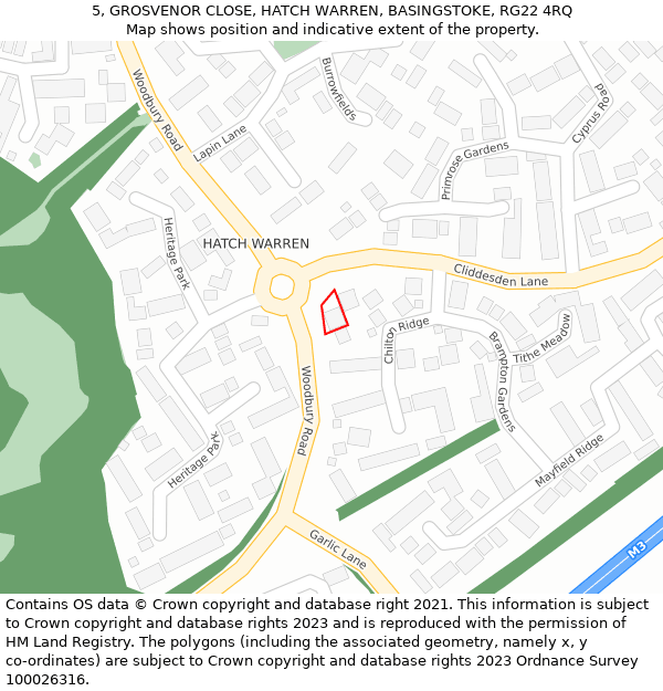 5, GROSVENOR CLOSE, HATCH WARREN, BASINGSTOKE, RG22 4RQ: Location map and indicative extent of plot