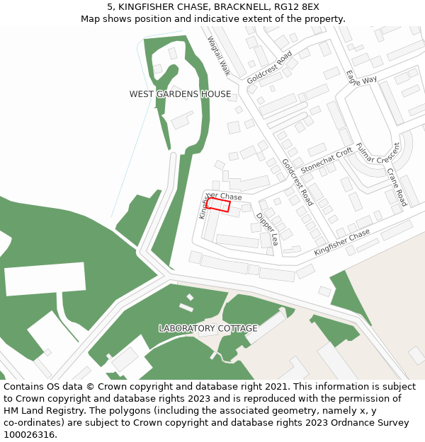 5, KINGFISHER CHASE, BRACKNELL, RG12 8EX: Location map and indicative extent of plot