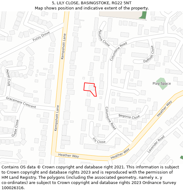 5, LILY CLOSE, BASINGSTOKE, RG22 5NT: Location map and indicative extent of plot