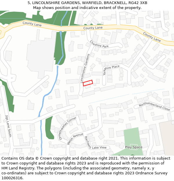 5, LINCOLNSHIRE GARDENS, WARFIELD, BRACKNELL, RG42 3XB: Location map and indicative extent of plot