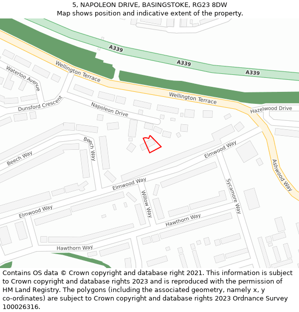 5, NAPOLEON DRIVE, BASINGSTOKE, RG23 8DW: Location map and indicative extent of plot