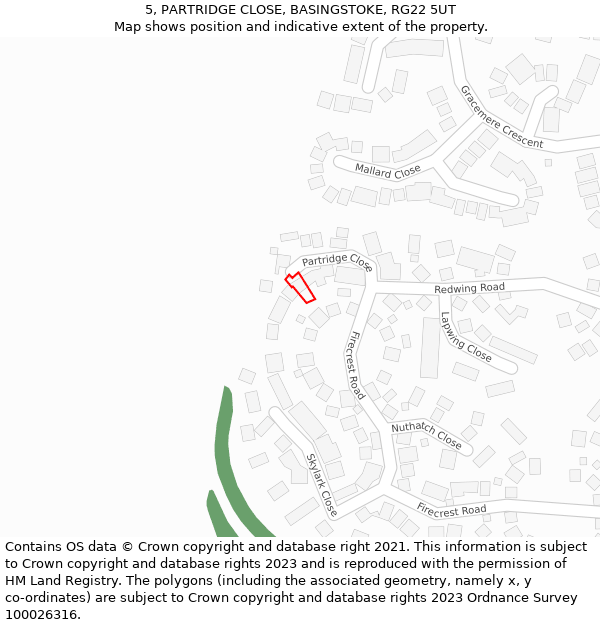 5, PARTRIDGE CLOSE, BASINGSTOKE, RG22 5UT: Location map and indicative extent of plot