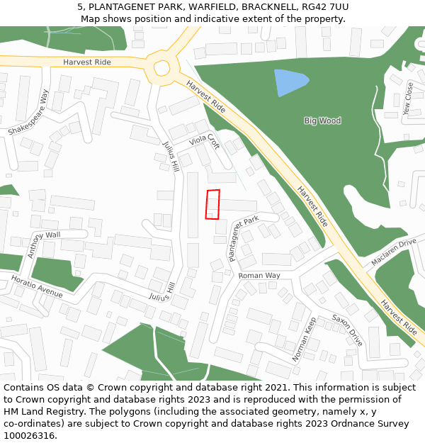 5, PLANTAGENET PARK, WARFIELD, BRACKNELL, RG42 7UU: Location map and indicative extent of plot
