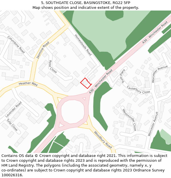 5, SOUTHGATE CLOSE, BASINGSTOKE, RG22 5FP: Location map and indicative extent of plot