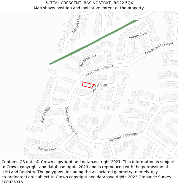 5, TEAL CRESCENT, BASINGSTOKE, RG22 5QX: Location map and indicative extent of plot