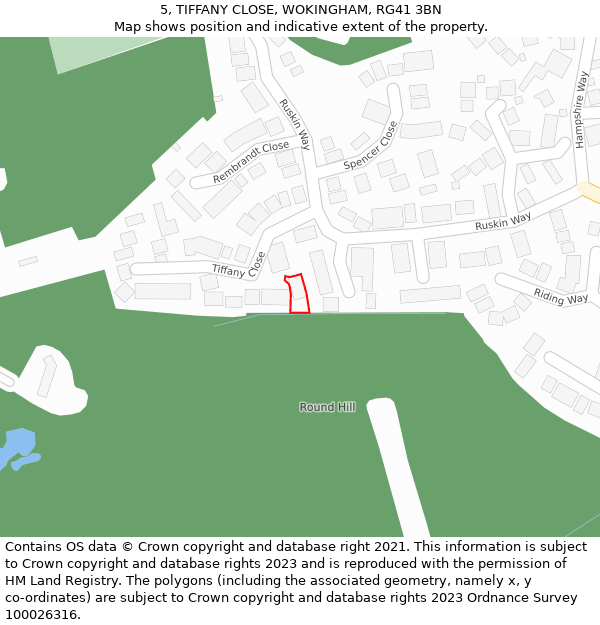 5, TIFFANY CLOSE, WOKINGHAM, RG41 3BN: Location map and indicative extent of plot