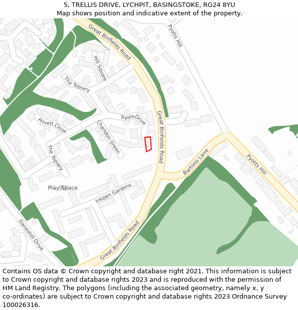 5, TRELLIS DRIVE, LYCHPIT, BASINGSTOKE, RG24 8YU: Location map and indicative extent of plot