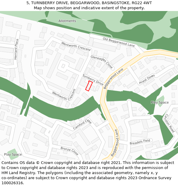 5, TURNBERRY DRIVE, BEGGARWOOD, BASINGSTOKE, RG22 4WT: Location map and indicative extent of plot