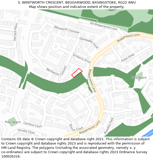 5, WENTWORTH CRESCENT, BEGGARWOOD, BASINGSTOKE, RG22 4WU: Location map and indicative extent of plot