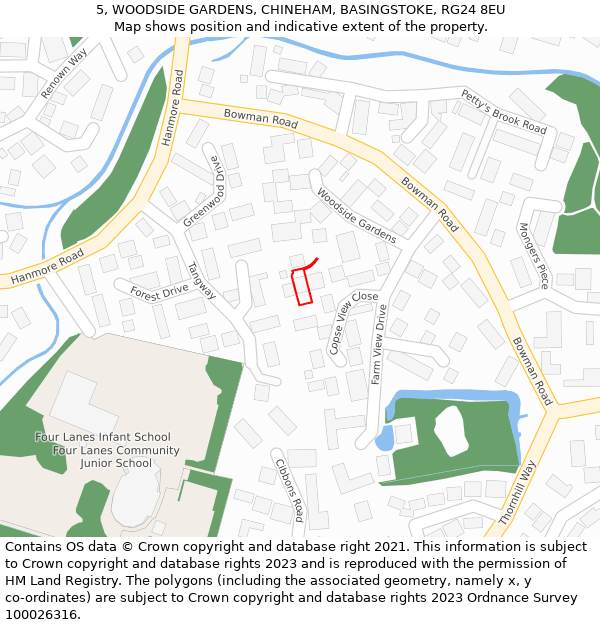 5, WOODSIDE GARDENS, CHINEHAM, BASINGSTOKE, RG24 8EU: Location map and indicative extent of plot