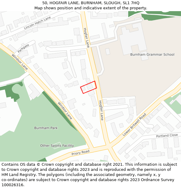 50, HOGFAIR LANE, BURNHAM, SLOUGH, SL1 7HQ: Location map and indicative extent of plot