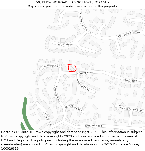 50, REDWING ROAD, BASINGSTOKE, RG22 5UP: Location map and indicative extent of plot