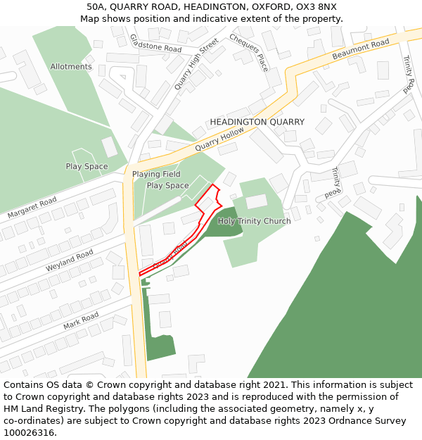 50A, QUARRY ROAD, HEADINGTON, OXFORD, OX3 8NX: Location map and indicative extent of plot