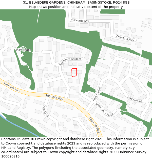 51, BELVEDERE GARDENS, CHINEHAM, BASINGSTOKE, RG24 8GB: Location map and indicative extent of plot