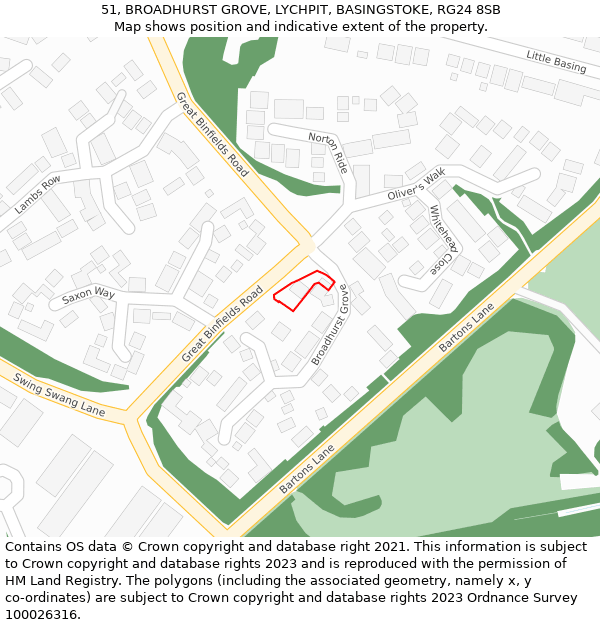 51, BROADHURST GROVE, LYCHPIT, BASINGSTOKE, RG24 8SB: Location map and indicative extent of plot