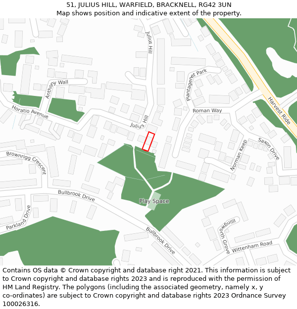 51, JULIUS HILL, WARFIELD, BRACKNELL, RG42 3UN: Location map and indicative extent of plot