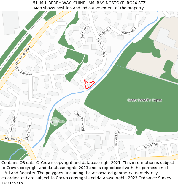 51, MULBERRY WAY, CHINEHAM, BASINGSTOKE, RG24 8TZ: Location map and indicative extent of plot