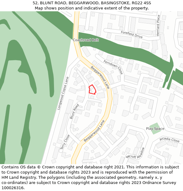 52, BLUNT ROAD, BEGGARWOOD, BASINGSTOKE, RG22 4SS: Location map and indicative extent of plot