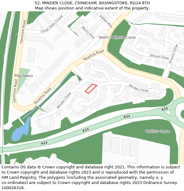 52, MINDEN CLOSE, CHINEHAM, BASINGSTOKE, RG24 8TH: Location map and indicative extent of plot