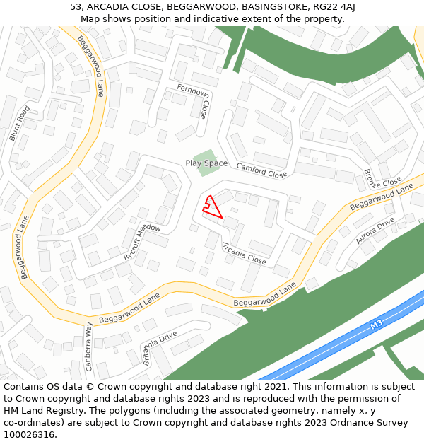 53, ARCADIA CLOSE, BEGGARWOOD, BASINGSTOKE, RG22 4AJ: Location map and indicative extent of plot