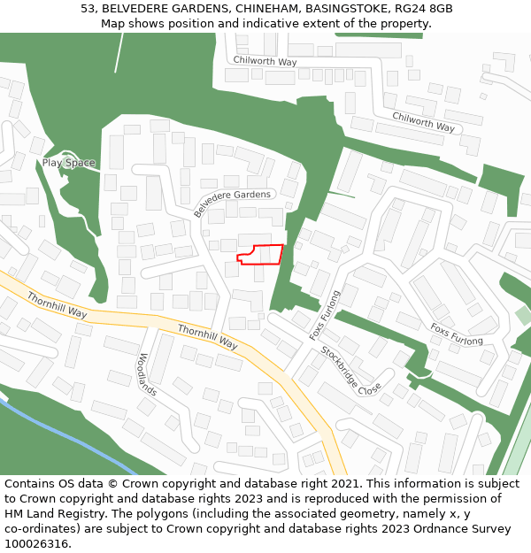 53, BELVEDERE GARDENS, CHINEHAM, BASINGSTOKE, RG24 8GB: Location map and indicative extent of plot