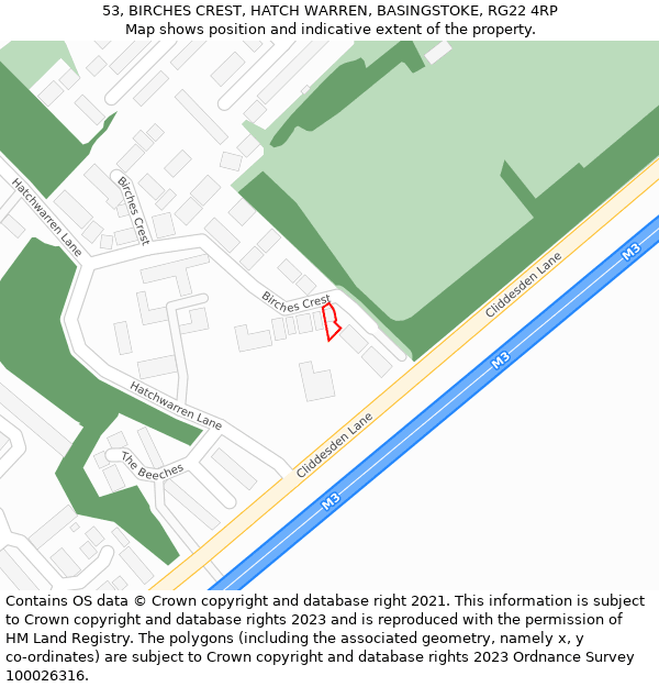 53, BIRCHES CREST, HATCH WARREN, BASINGSTOKE, RG22 4RP: Location map and indicative extent of plot