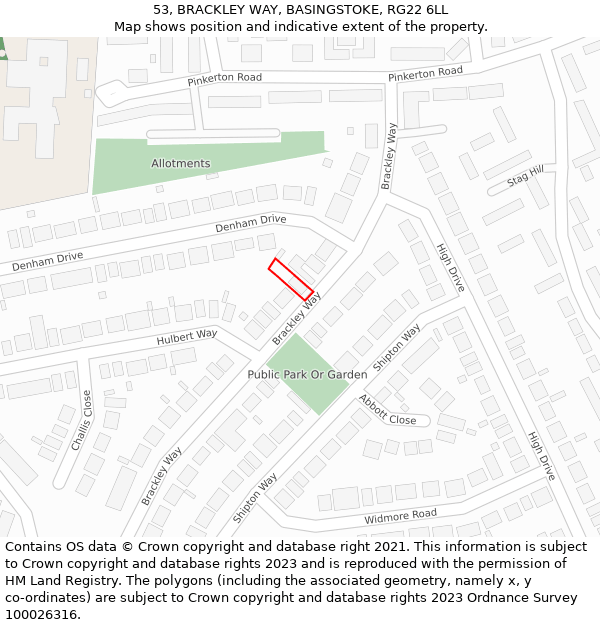 53, BRACKLEY WAY, BASINGSTOKE, RG22 6LL: Location map and indicative extent of plot