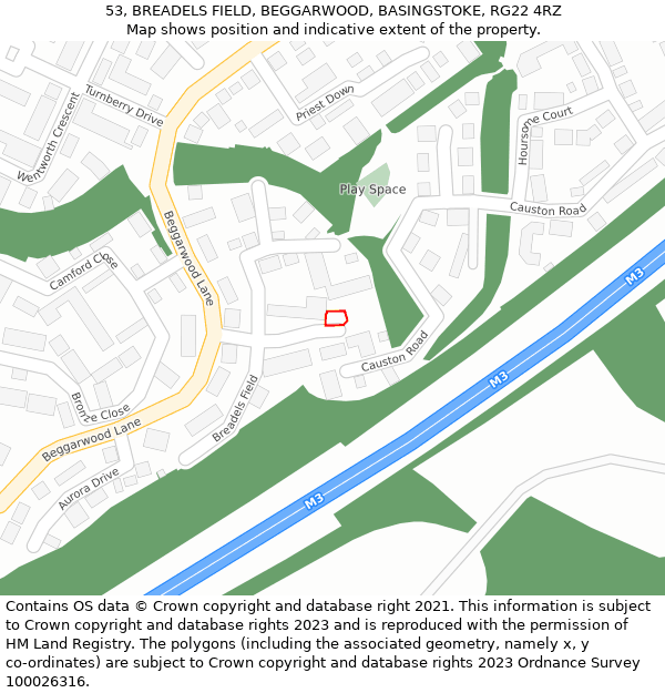 53, BREADELS FIELD, BEGGARWOOD, BASINGSTOKE, RG22 4RZ: Location map and indicative extent of plot