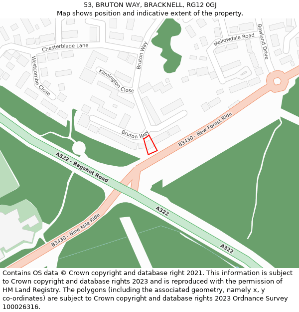 53, BRUTON WAY, BRACKNELL, RG12 0GJ: Location map and indicative extent of plot