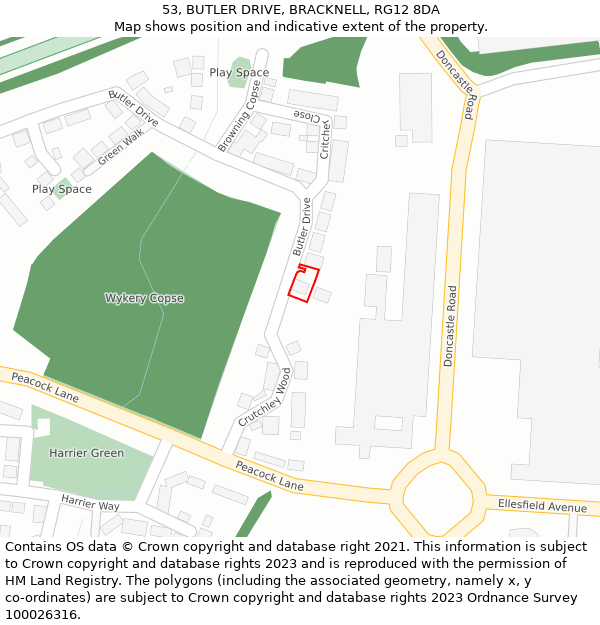 53, BUTLER DRIVE, BRACKNELL, RG12 8DA: Location map and indicative extent of plot