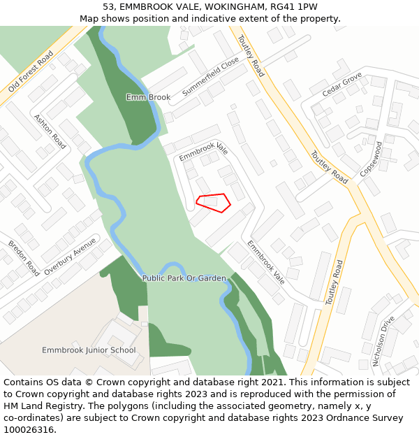 53, EMMBROOK VALE, WOKINGHAM, RG41 1PW: Location map and indicative extent of plot