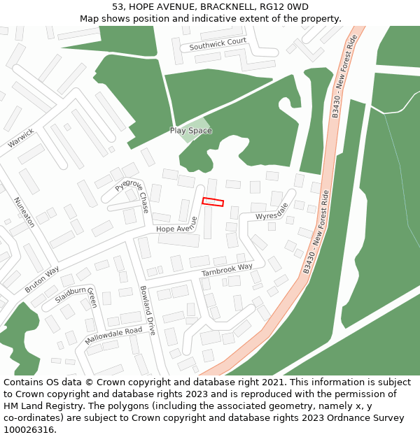 53, HOPE AVENUE, BRACKNELL, RG12 0WD: Location map and indicative extent of plot