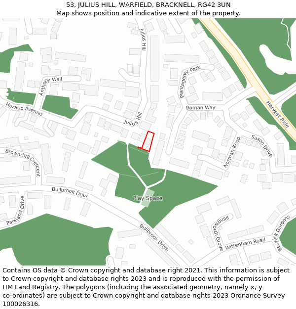 53, JULIUS HILL, WARFIELD, BRACKNELL, RG42 3UN: Location map and indicative extent of plot