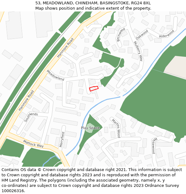 53, MEADOWLAND, CHINEHAM, BASINGSTOKE, RG24 8XL: Location map and indicative extent of plot