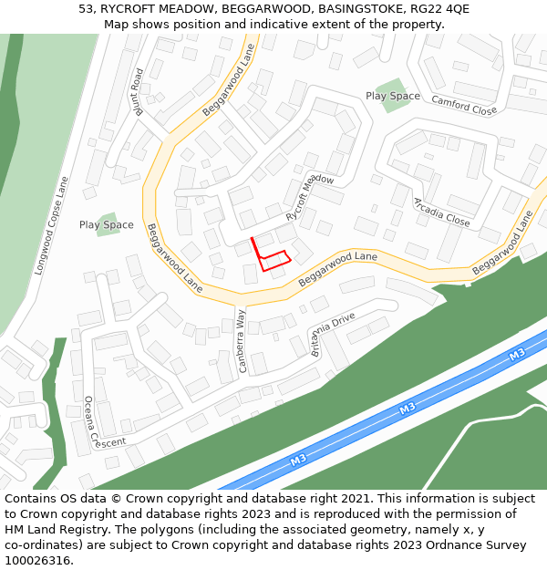 53, RYCROFT MEADOW, BEGGARWOOD, BASINGSTOKE, RG22 4QE: Location map and indicative extent of plot