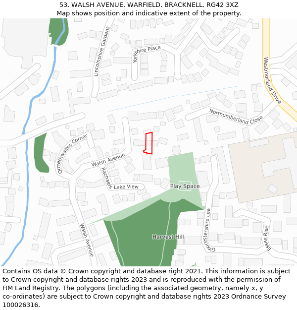 53, WALSH AVENUE, WARFIELD, BRACKNELL, RG42 3XZ: Location map and indicative extent of plot